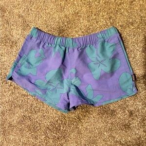 Patagonia Baggies Purple and Teal Hawaiian Print
